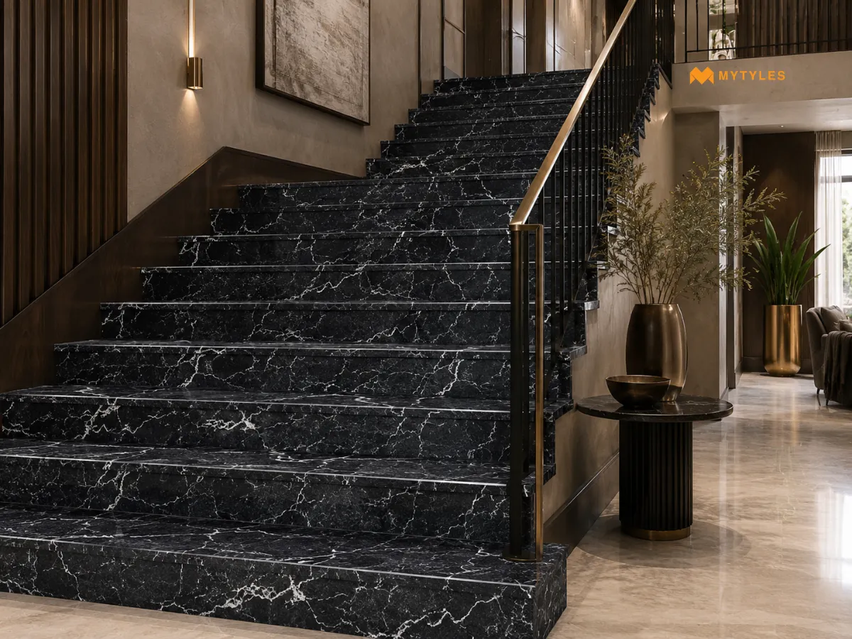 Black Marble Tile In Stairs